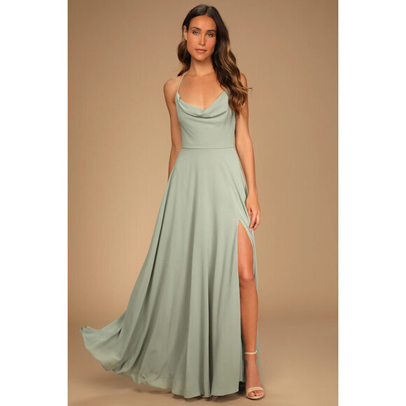 Lulus Romantically Speaking Sage Green Cowl Lace-up Maxi Dress - Size S - Picture 1 of 1